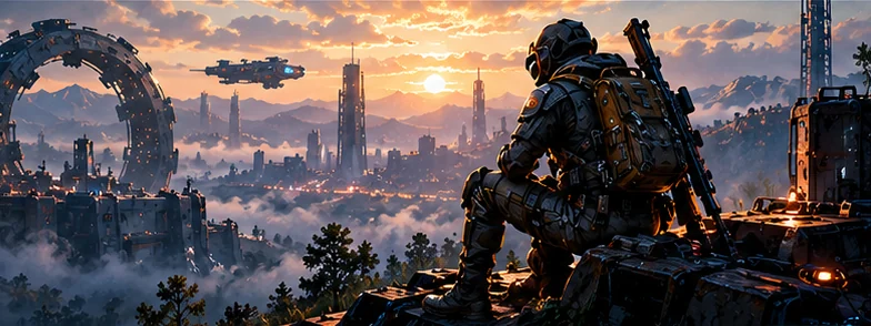 A Raider overlooking a ruined city beneath a giant ring structure at sunset